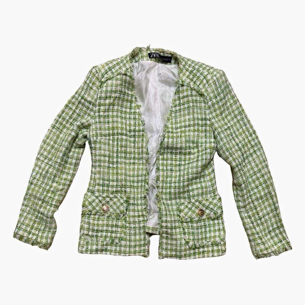 Zara Green White Tweed Boucle Blazer Women’s M Gold Buttons Frayed Trim